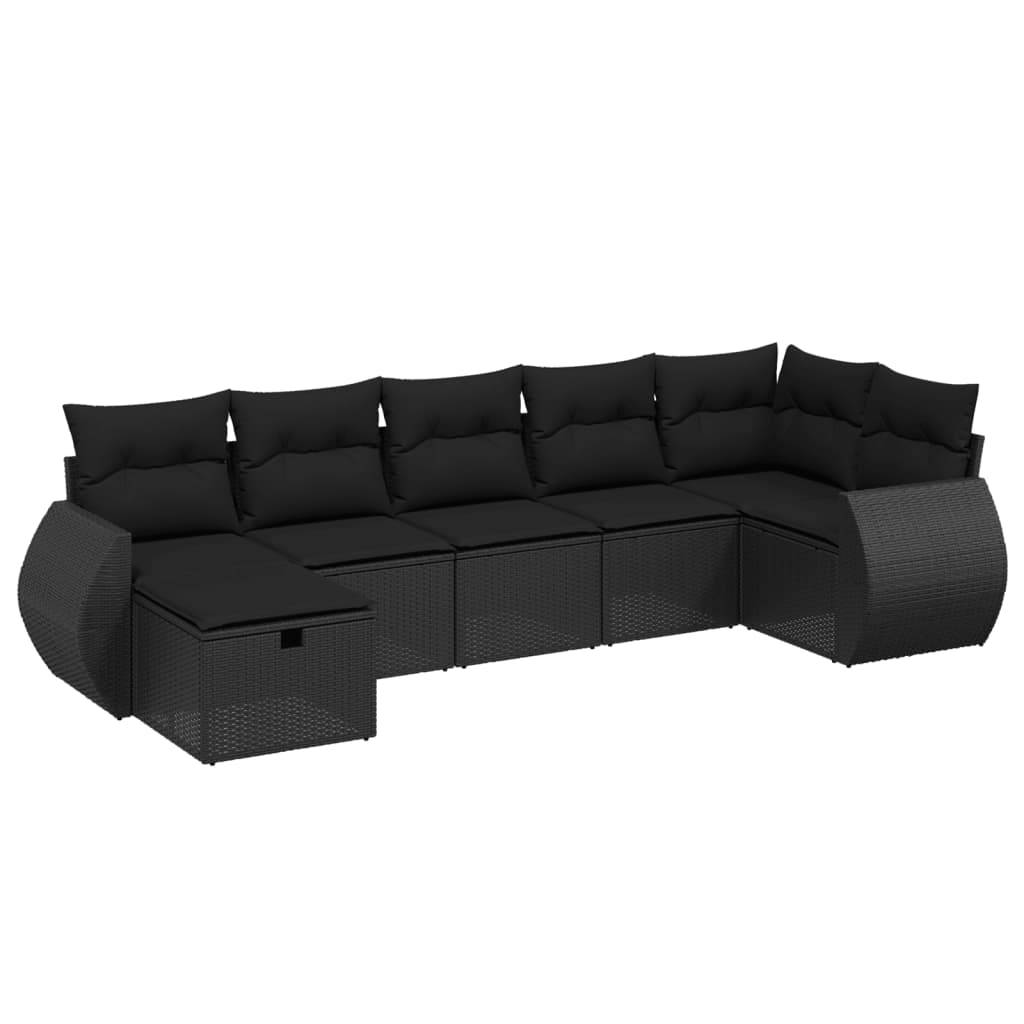 vidaXL 7-tlg. Garten-Sofagarnitur mit Kissen Schwarz Poly Rattan
