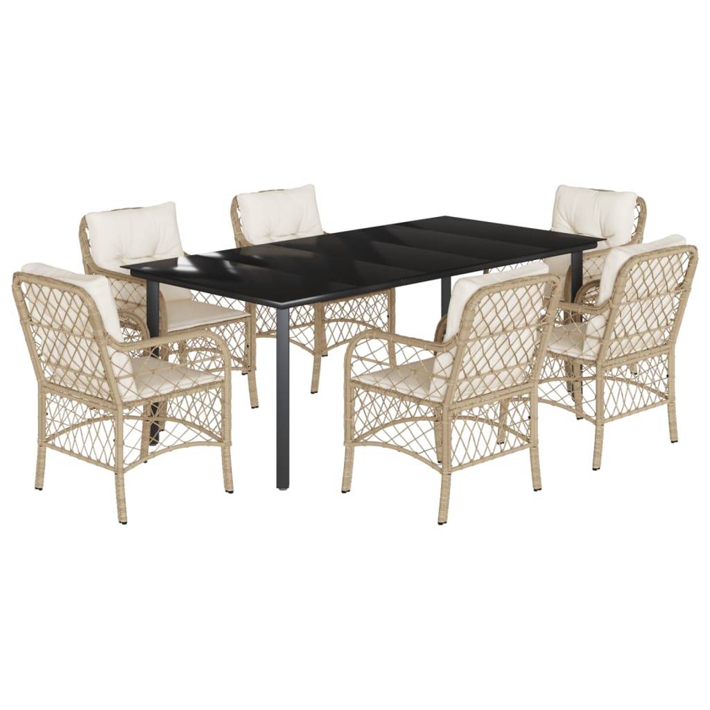 vidaXL 7-tlg. Garten-Essgruppe mit Kissen Beige Poly Rattan