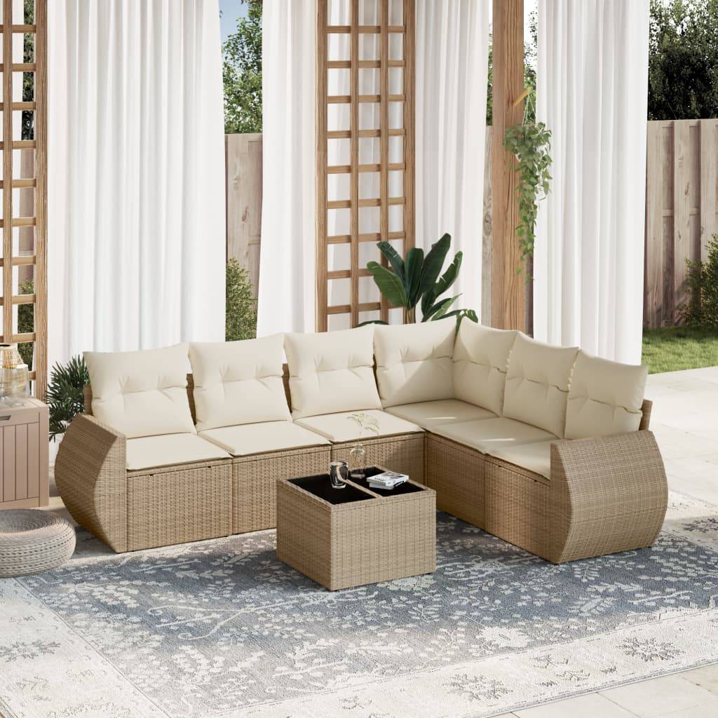 vidaXL 7-tlg. Garten-Sofagarnitur mit Kissen Beige Poly Rattan