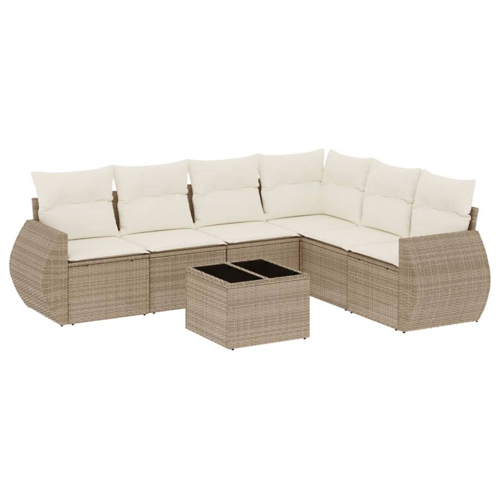 vidaXL 7-tlg. Garten-Sofagarnitur mit Kissen Beige Poly Rattan