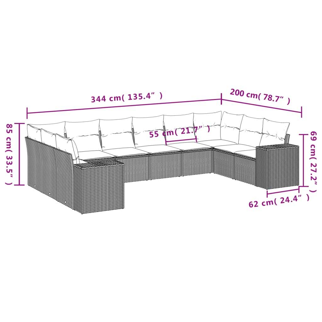 vidaXL 10-tlg. Garten-Sofagarnitur mit Kissen Schwarz Poly Rattan