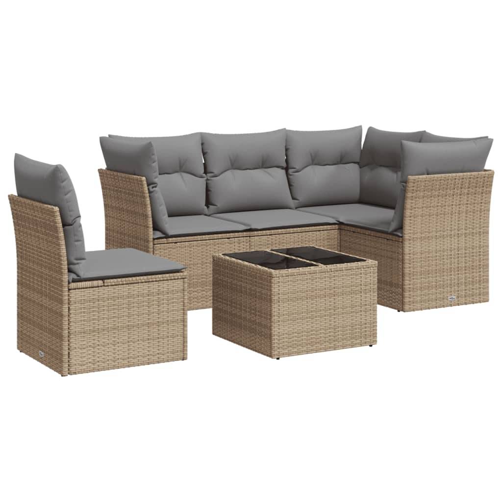 vidaXL 6-tlg. Garten-Sofagarnitur mit Kissen Beige Poly Rattan