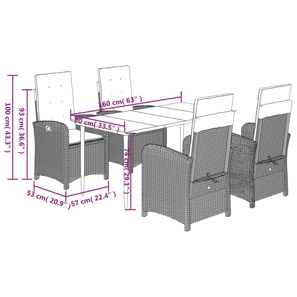 vidaXL 5-tlg. Garten-Essgruppe mit Kissen Grau Poly Rattan