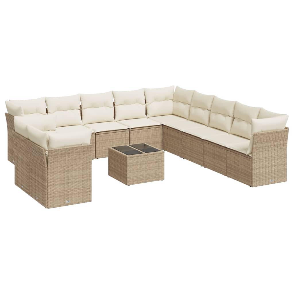 vidaXL 12-tlg. Garten-Sofagarnitur mit Kissen Beige Poly Rattan