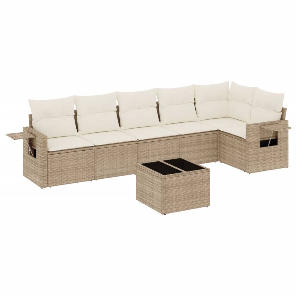 vidaXL 7-tlg. Garten-Sofagarnitur mit Kissen Beige Poly Rattan