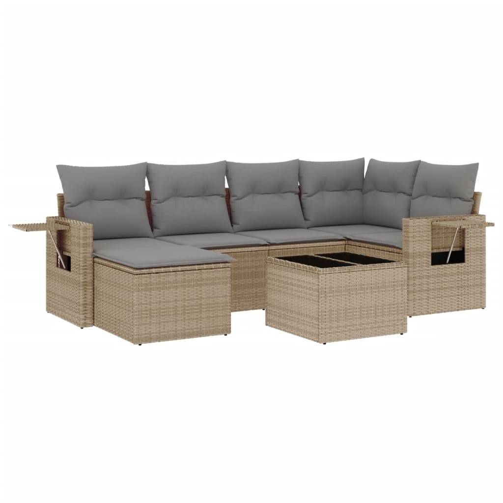 vidaXL 7-tlg. Garten-Sofagarnitur mit Kissen Beige Poly Rattan