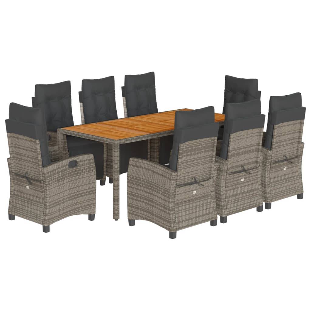 vidaXL 9-tlg. Garten-Essgruppe mit Kissen Grau Poly Rattan