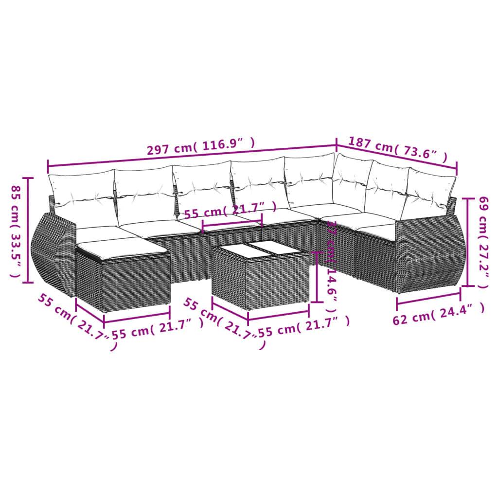 vidaXL 9-teiliges Gartensofa-Set mit Kissen, schwarzes Polyrattan