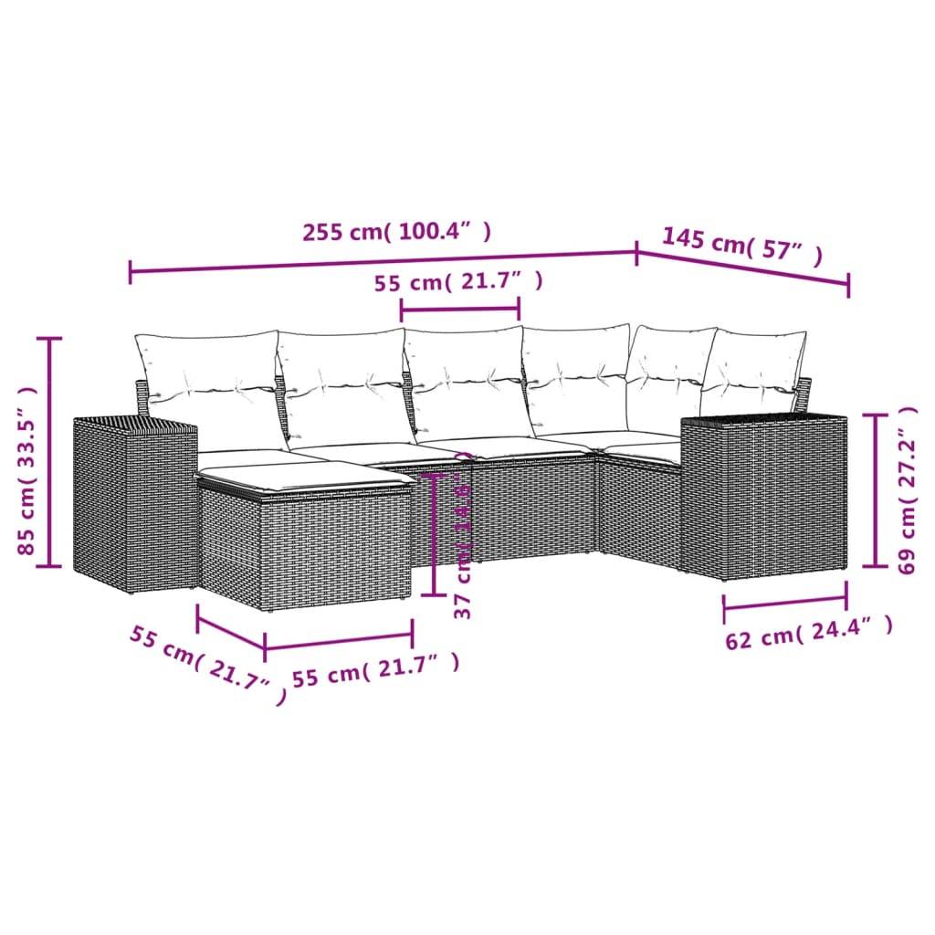 vidaXL 6-tlg. Garten-Sofagarnitur mit Kissen Braun Poly Rattan