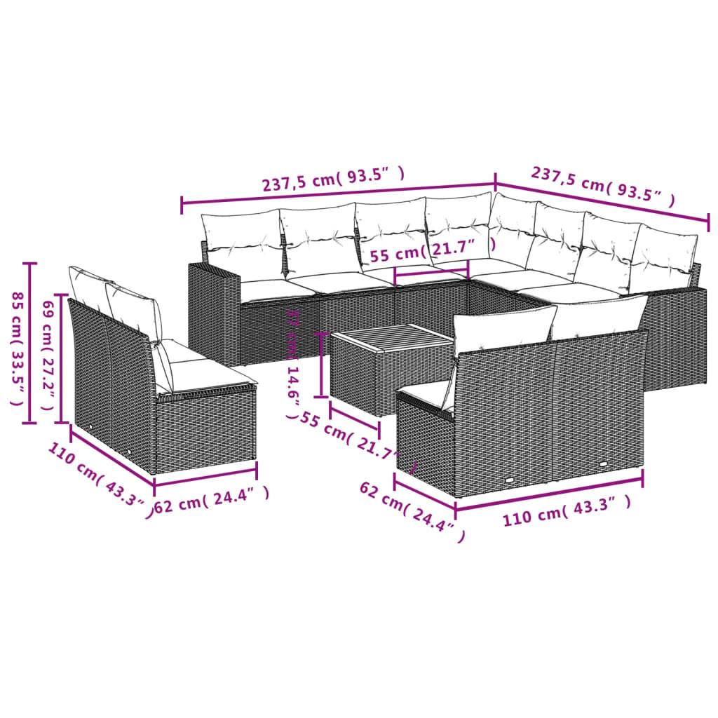 vidaXL 12-tlg. Garten-Sofagarnitur mit Kissen Grau Poly Rattan