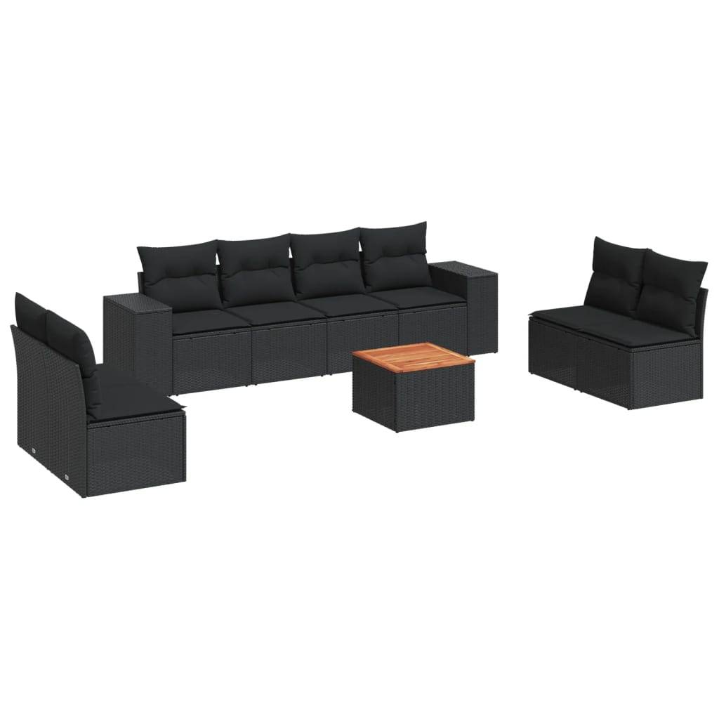 vidaXL 9-tlg. Garten-Sofagarnitur mit Kissen Schwarz Poly Rattan