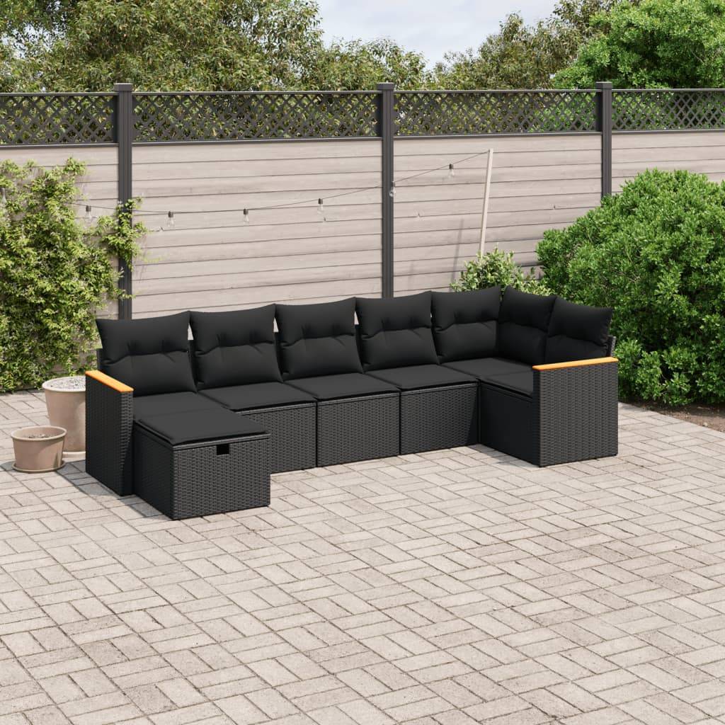 vidaXL 7-tlg. Garten-Sofagarnitur mit Kissen Schwarz Poly Rattan