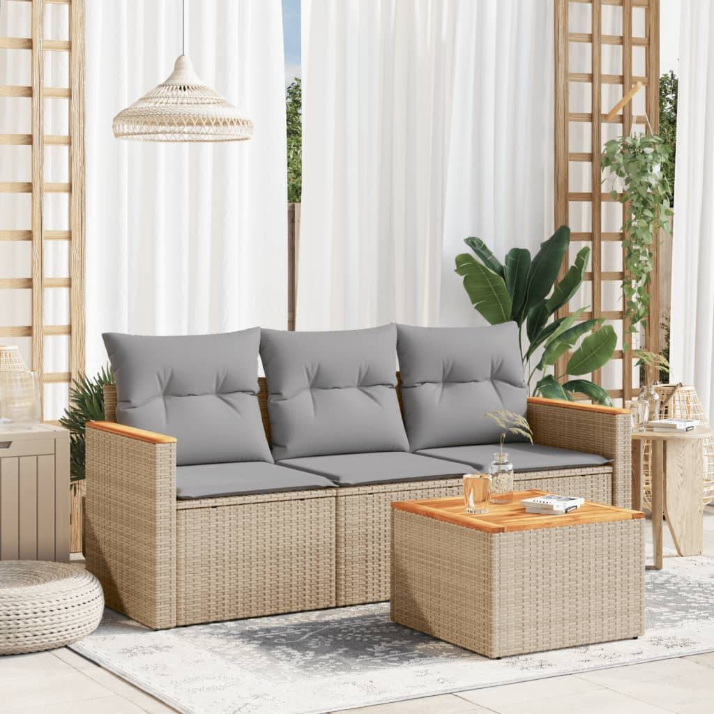 vidaXL 4-tlg. Garten-Sofagarnitur mit Kissen Beige Poly Rattan