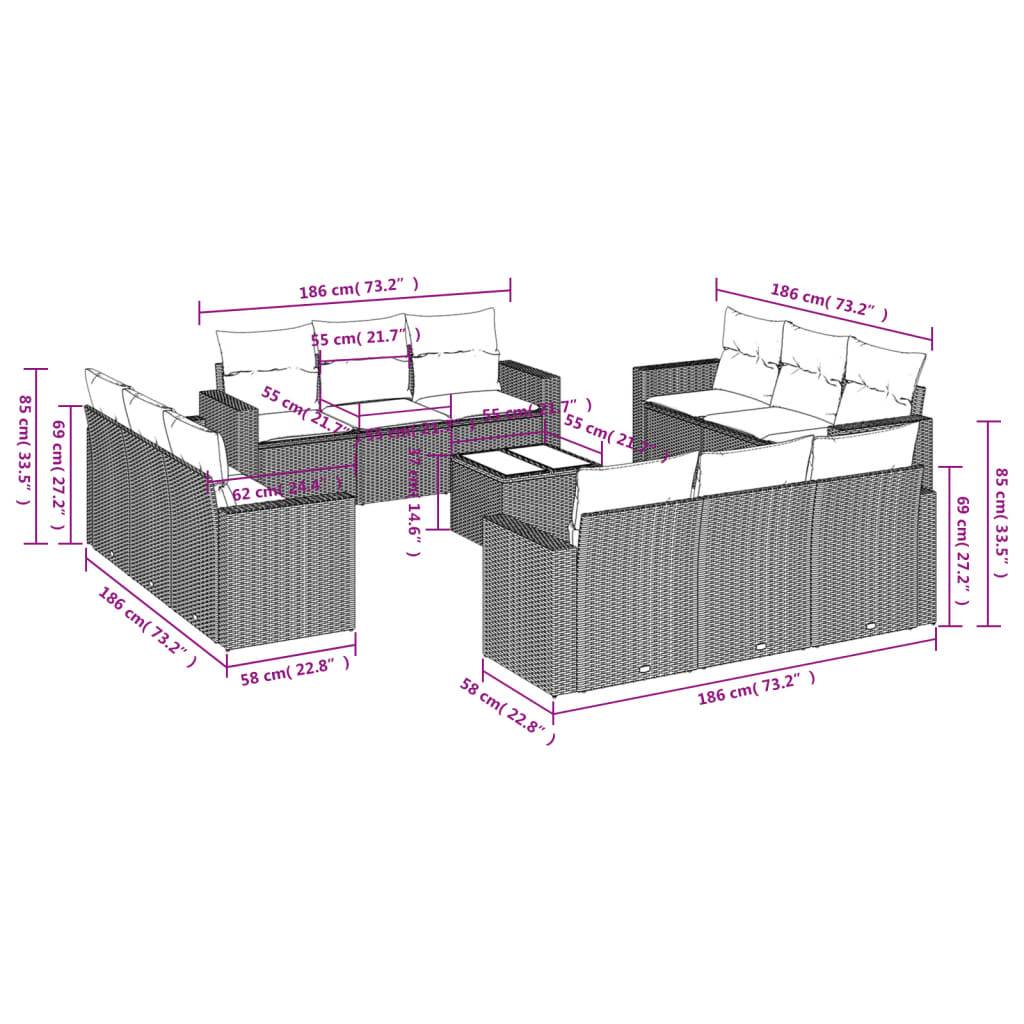 vidaXL 13-tlg. Garten-Sofagarnitur mit Kissen Braun Poly Rattan