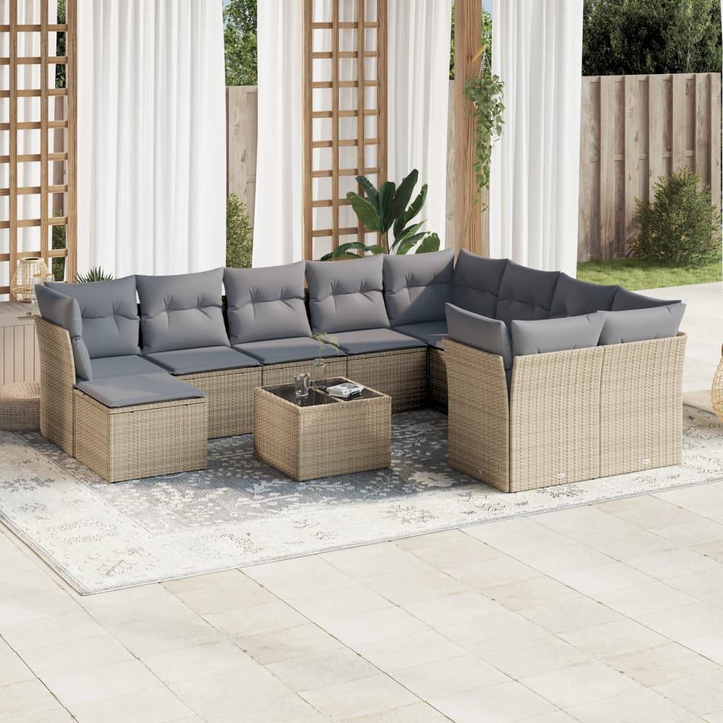 vidaXL 11-tlg. Garten-Sofagarnitur mit Kissen Beige Poly Rattan