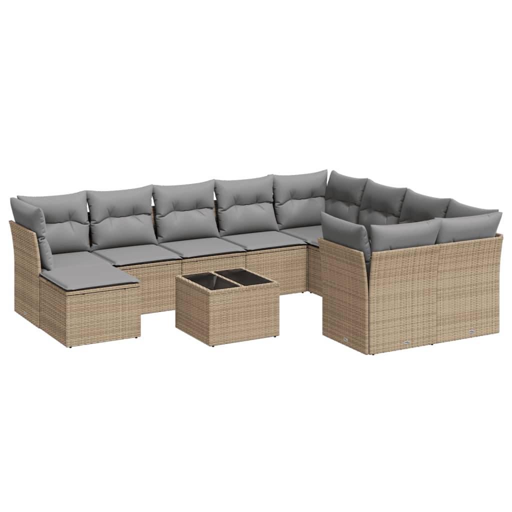 vidaXL 11-tlg. Garten-Sofagarnitur mit Kissen Beige Poly Rattan