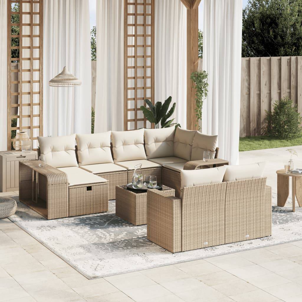 vidaXL 11-tlg. Garten-Sofagarnitur mit Kissen Beige Poly Rattan