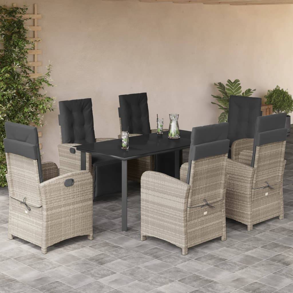 vidaXL 7-tlg. Garten-Essgruppe mit Kissen Hellgrau Poly Rattan