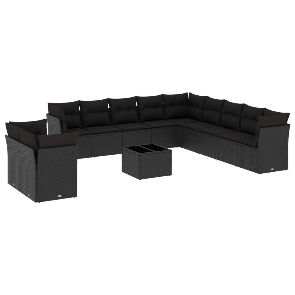 vidaXL 12-tlg. Garten-Sofagarnitur mit Kissen Schwarz Poly Rattan