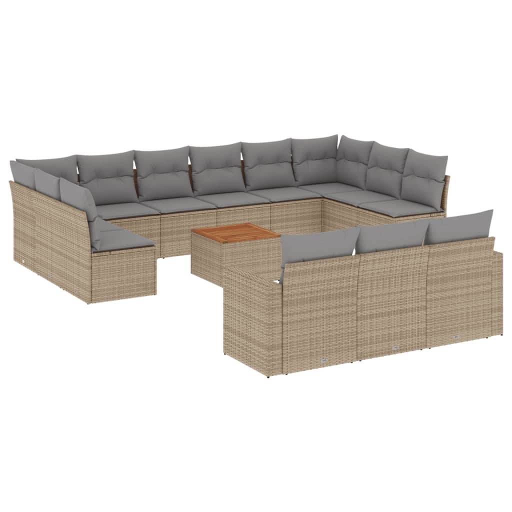 vidaXL 14-tlg. Garten-Sofagarnitur mit Kissen Beige Poly Rattan