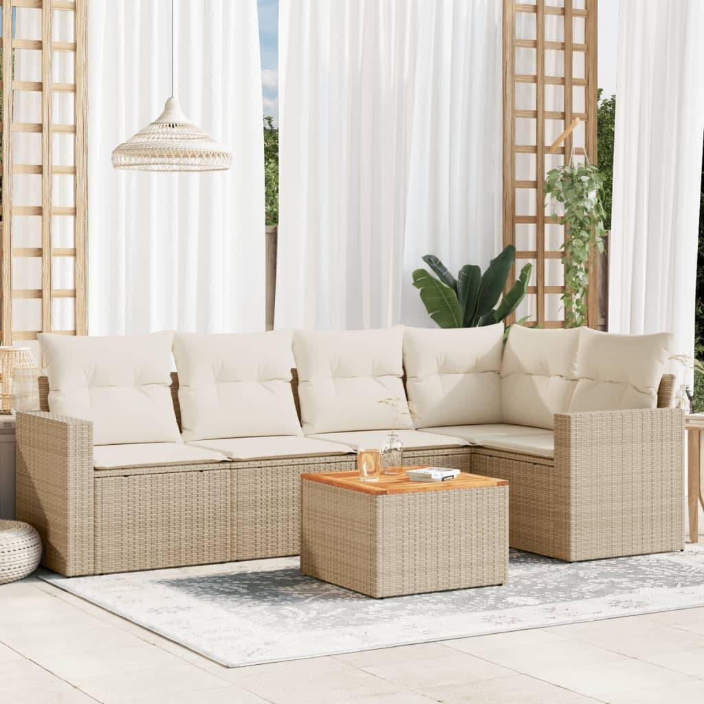 vidaXL 6-tlg. Garten-Sofagarnitur mit Kissen Beige Poly Rattan