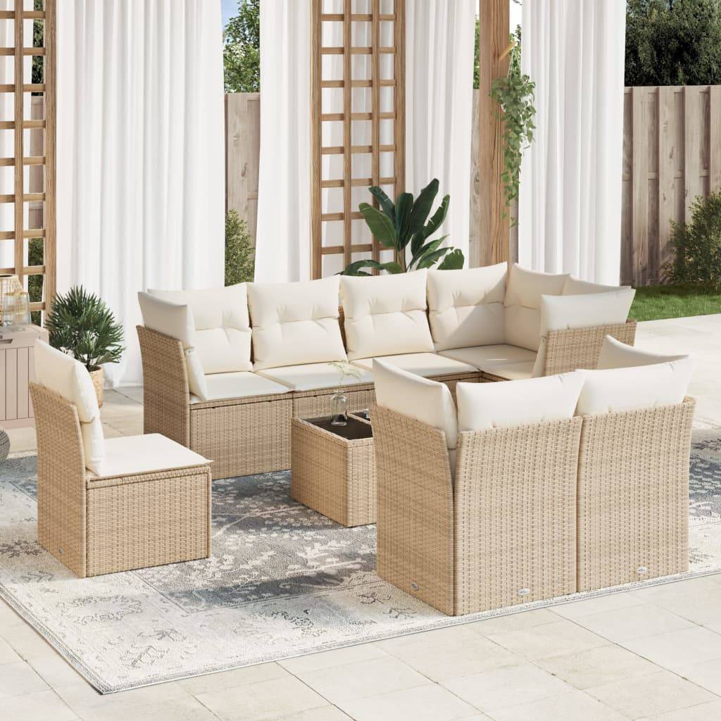 vidaXL 9-tlg. Garten-Sofagarnitur mit Kissen Beige Poly Rattan
