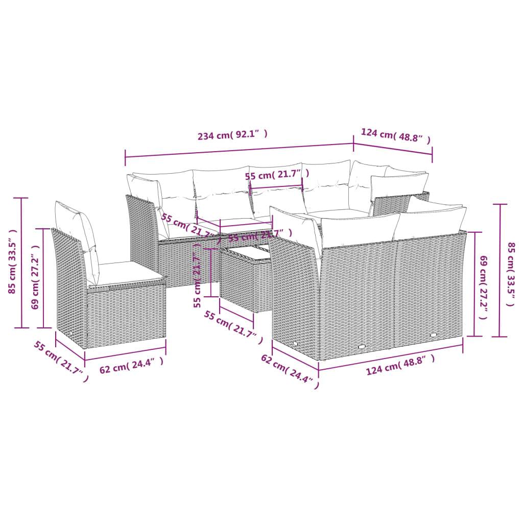 vidaXL 9-tlg. Garten-Sofagarnitur mit Kissen Braun Poly Rattan