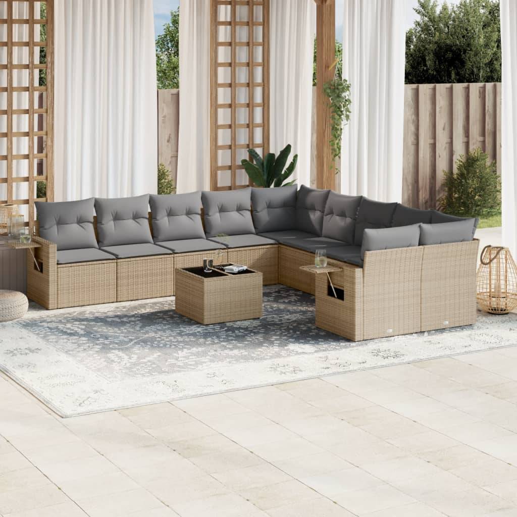 vidaXL 11-tlg. Garten-Sofagarnitur mit Kissen Beige Poly Rattan