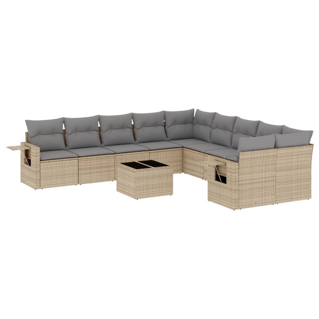 vidaXL 11-tlg. Garten-Sofagarnitur mit Kissen Beige Poly Rattan
