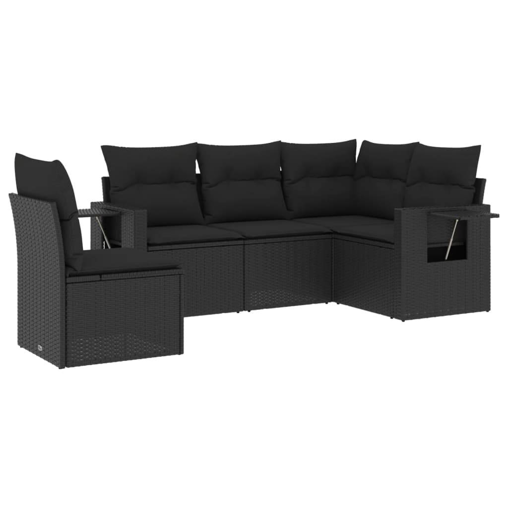 vidaXL 5-tlg. Garten-Sofagarnitur mit Kissen Schwarz Poly Rattan