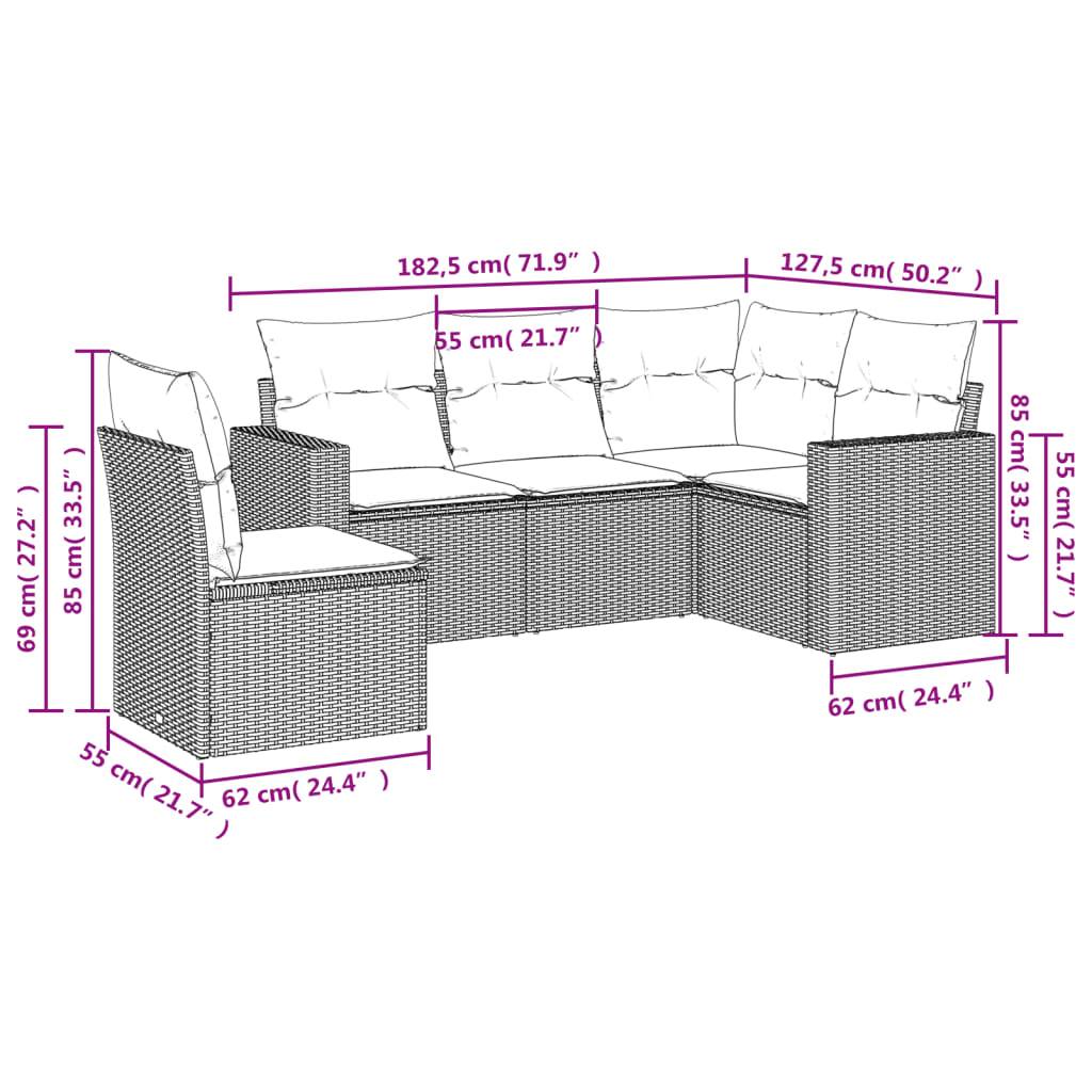 vidaXL 5-tlg. Garten-Sofagarnitur mit Kissen Grau Poly Rattan