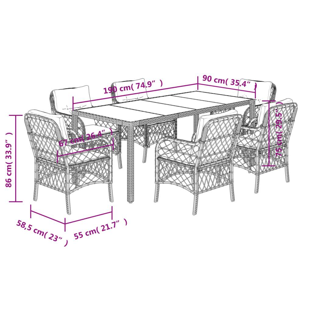 vidaXL 7-tlg. Garten-Essgruppe mit Kissen Grau Poly Rattan