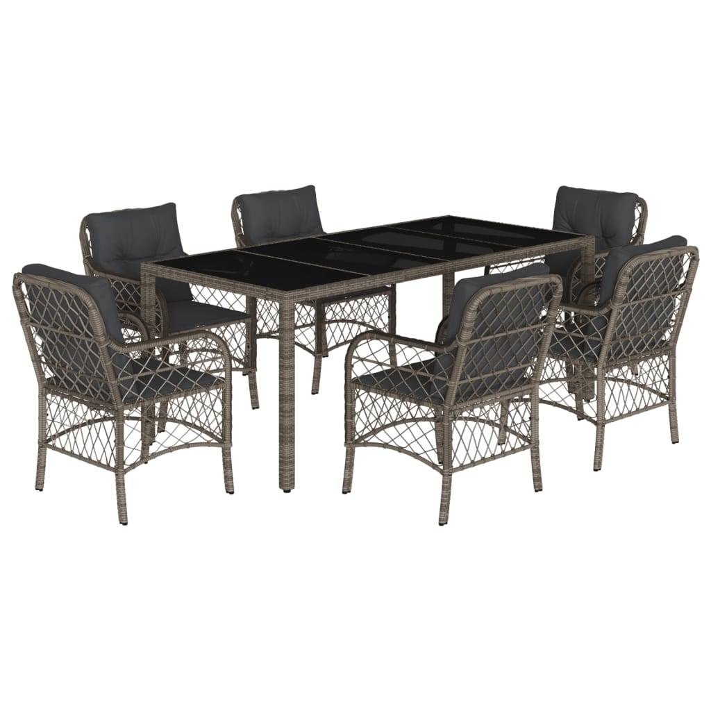 vidaXL 7-tlg. Garten-Essgruppe mit Kissen Grau Poly Rattan