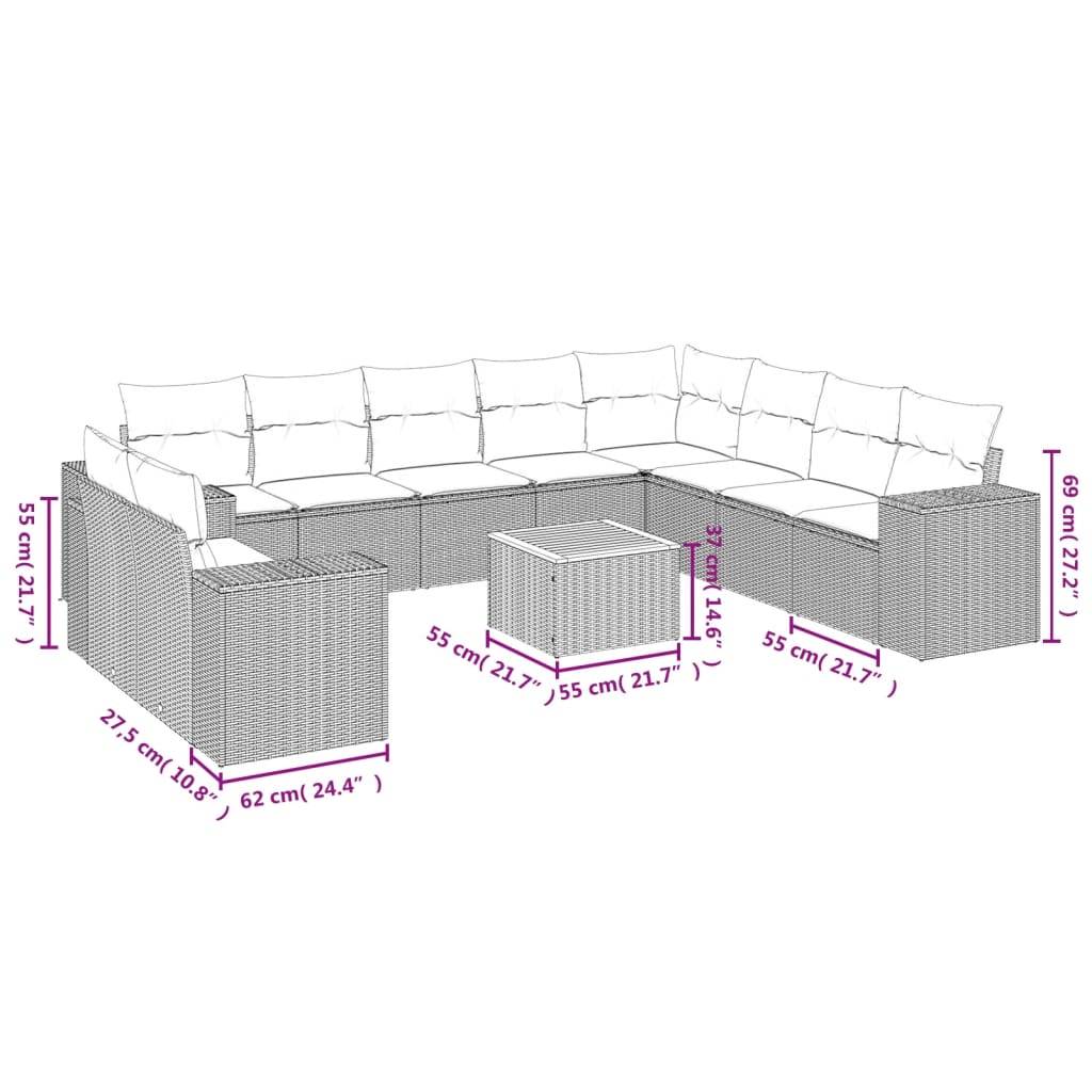 vidaXL 11-tlg. Garten-Sofagarnitur mit Kissen Beige Poly Rattan