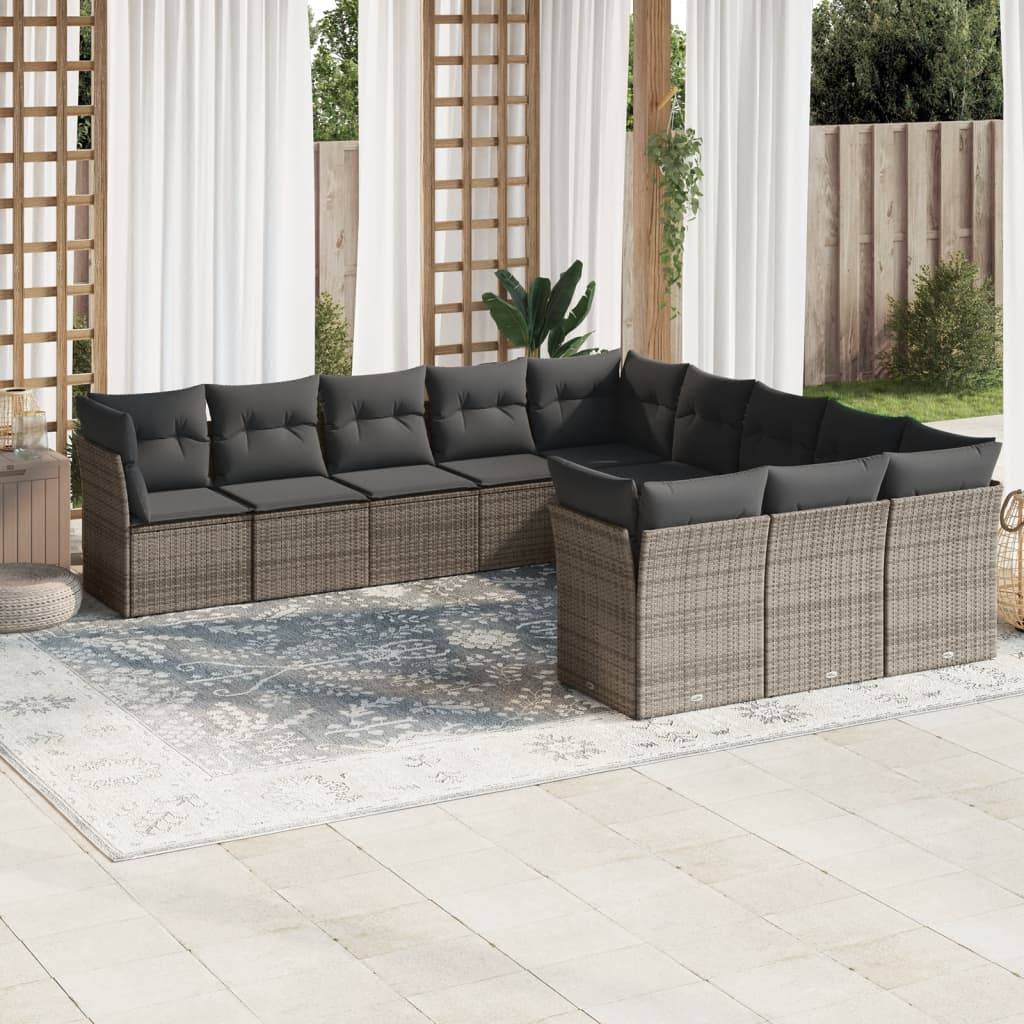 vidaXL 11-tlg. Garten-Sofagarnitur mit Kissen Grau Poly Rattan