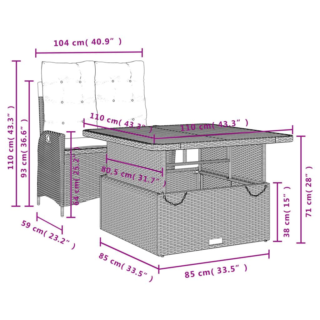 vidaXL 2-tlg. Garten-Essgruppe mit Kissen Schwarz Poly Rattan