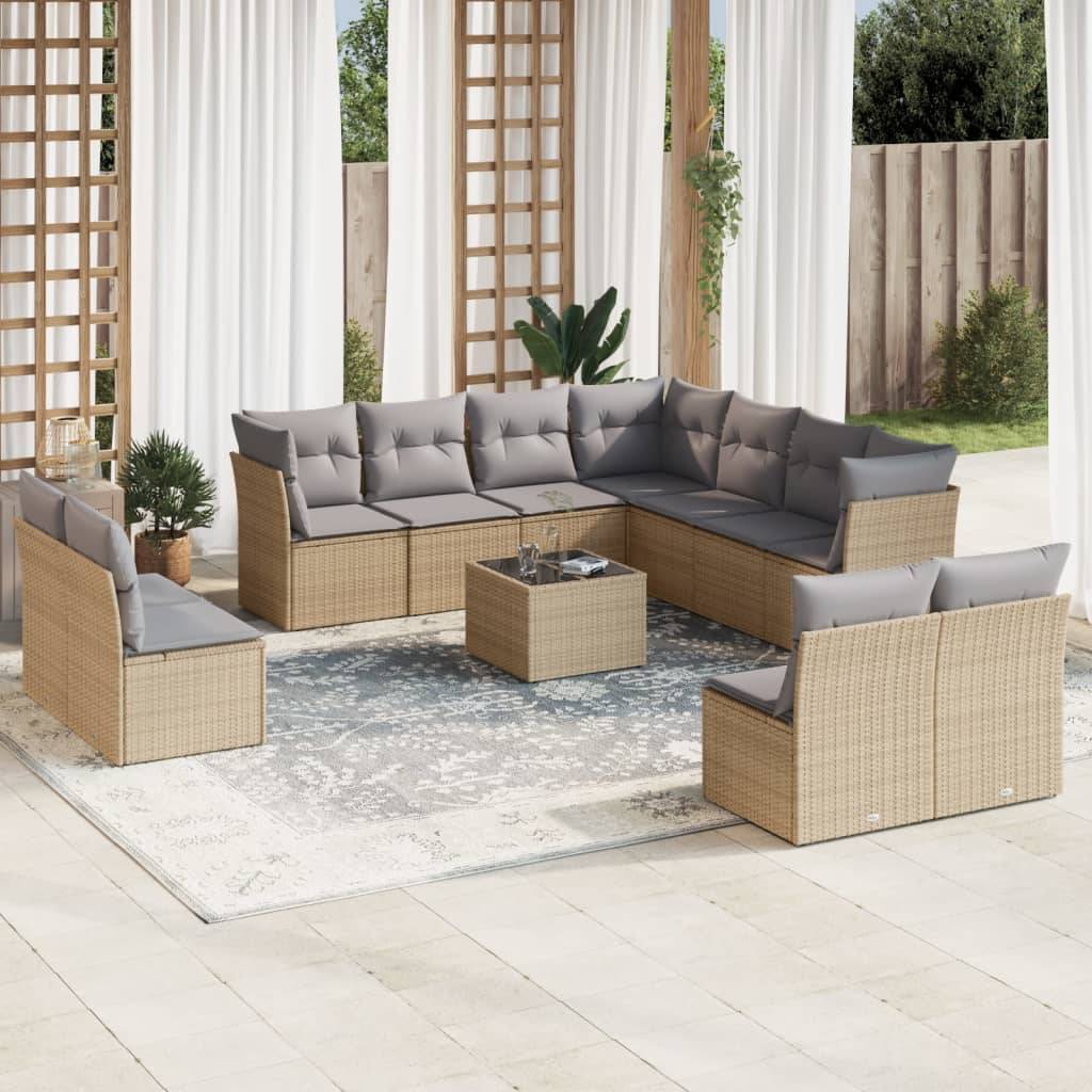 vidaXL 12-tlg. Garten-Sofagarnitur mit Kissen Beige Poly Rattan