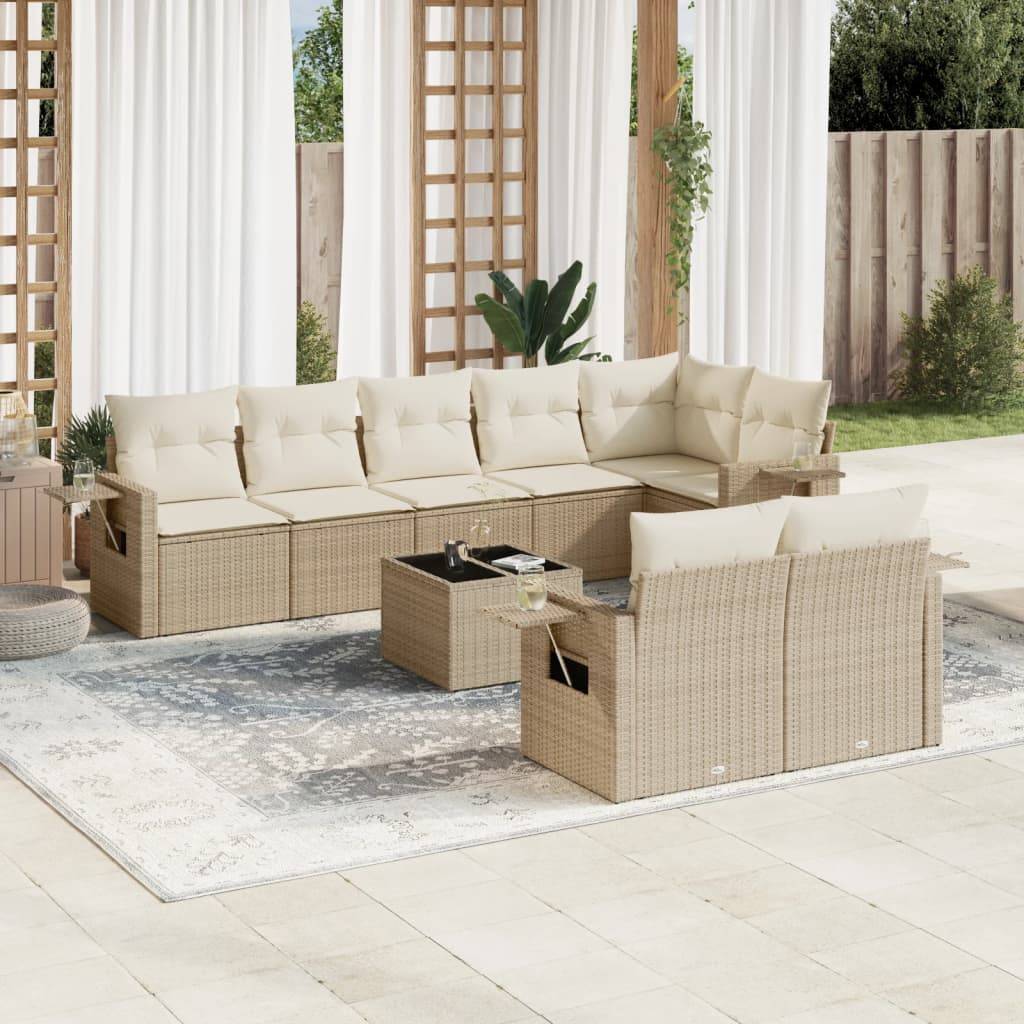 vidaXL 9-tlg. Garten-Sofagarnitur mit Kissen Beige Poly Rattan