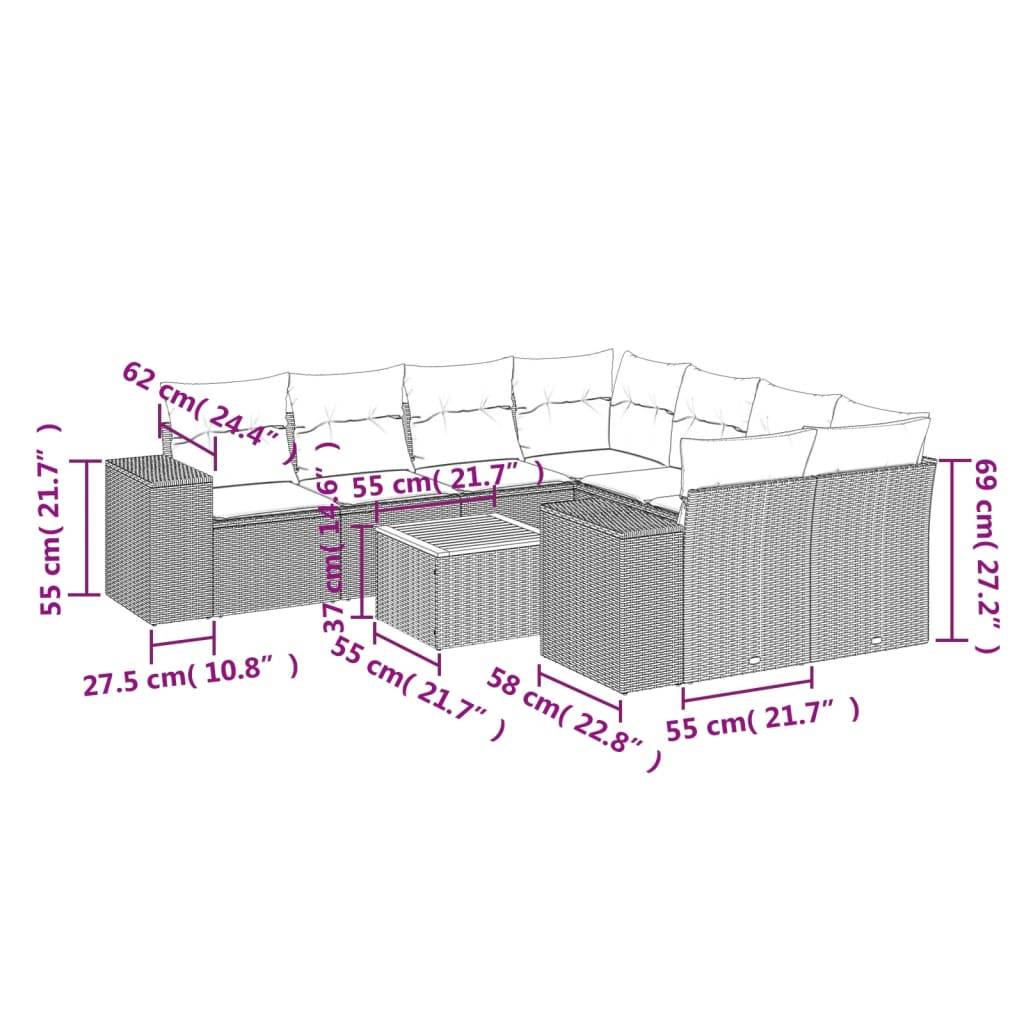vidaXL 9-tlg. Garten-Sofagarnitur mit Kissen Schwarz Poly Rattan