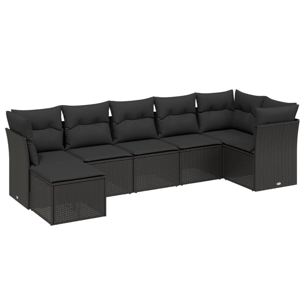 vidaXL 7-tlg. Garten-Sofagarnitur mit Kissen Schwarz Poly Rattan