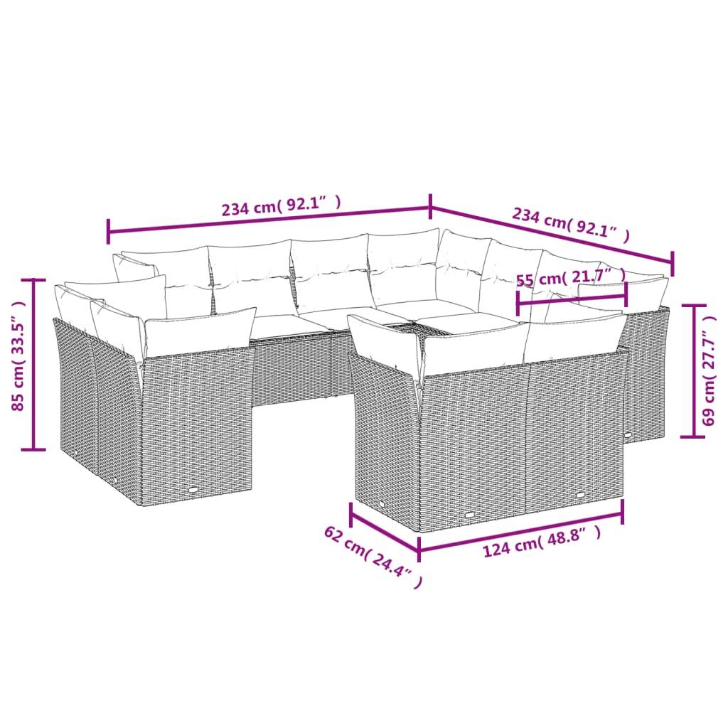 vidaXL 11-tlg. Garten-Sofagarnitur mit Kissen Grau Poly Rattan