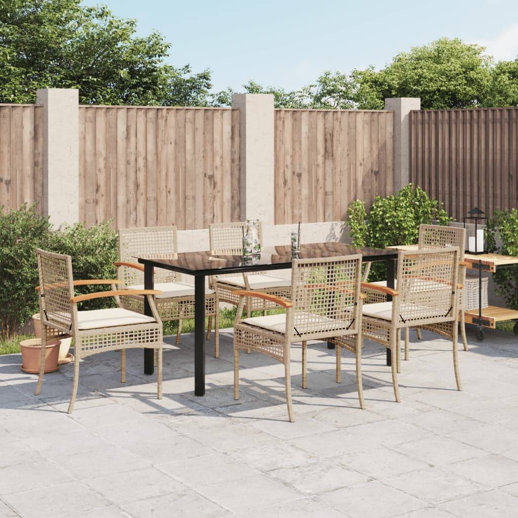 vidaXL 7-tlg. Garten-Essgruppe mit Kissen Beige Poly Rattan