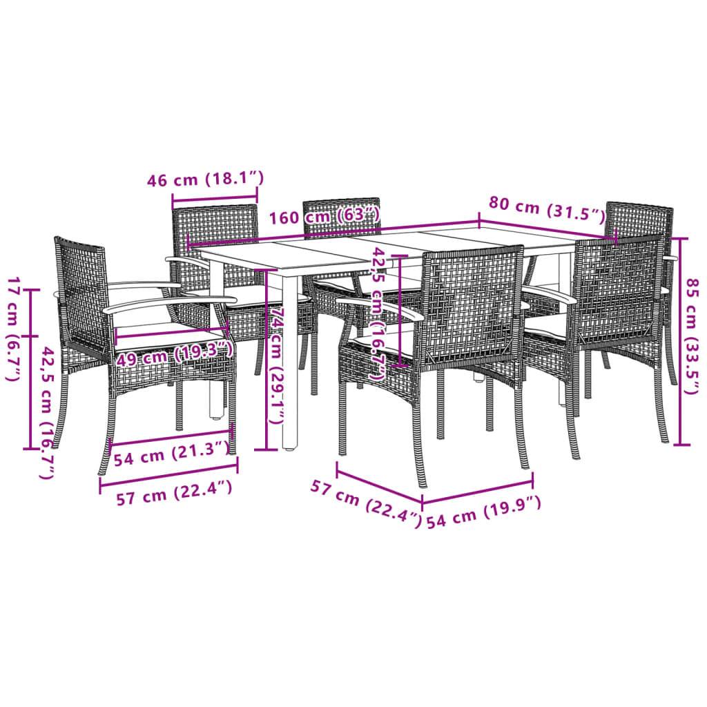 vidaXL 7-tlg. Garten-Essgruppe mit Kissen Beige Poly Rattan