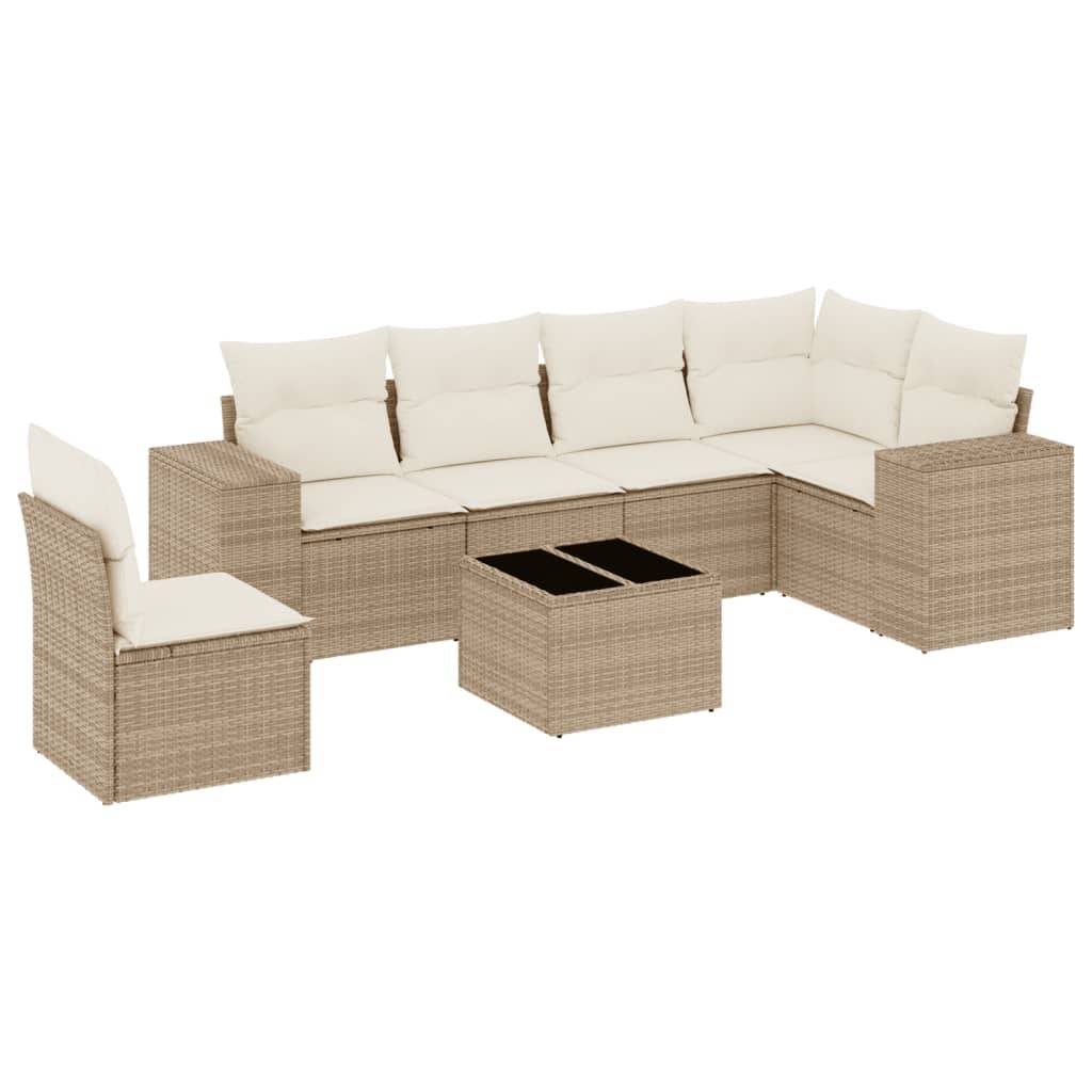 vidaXL 7-tlg. Garten-Sofagarnitur mit Kissen Beige Poly Rattan