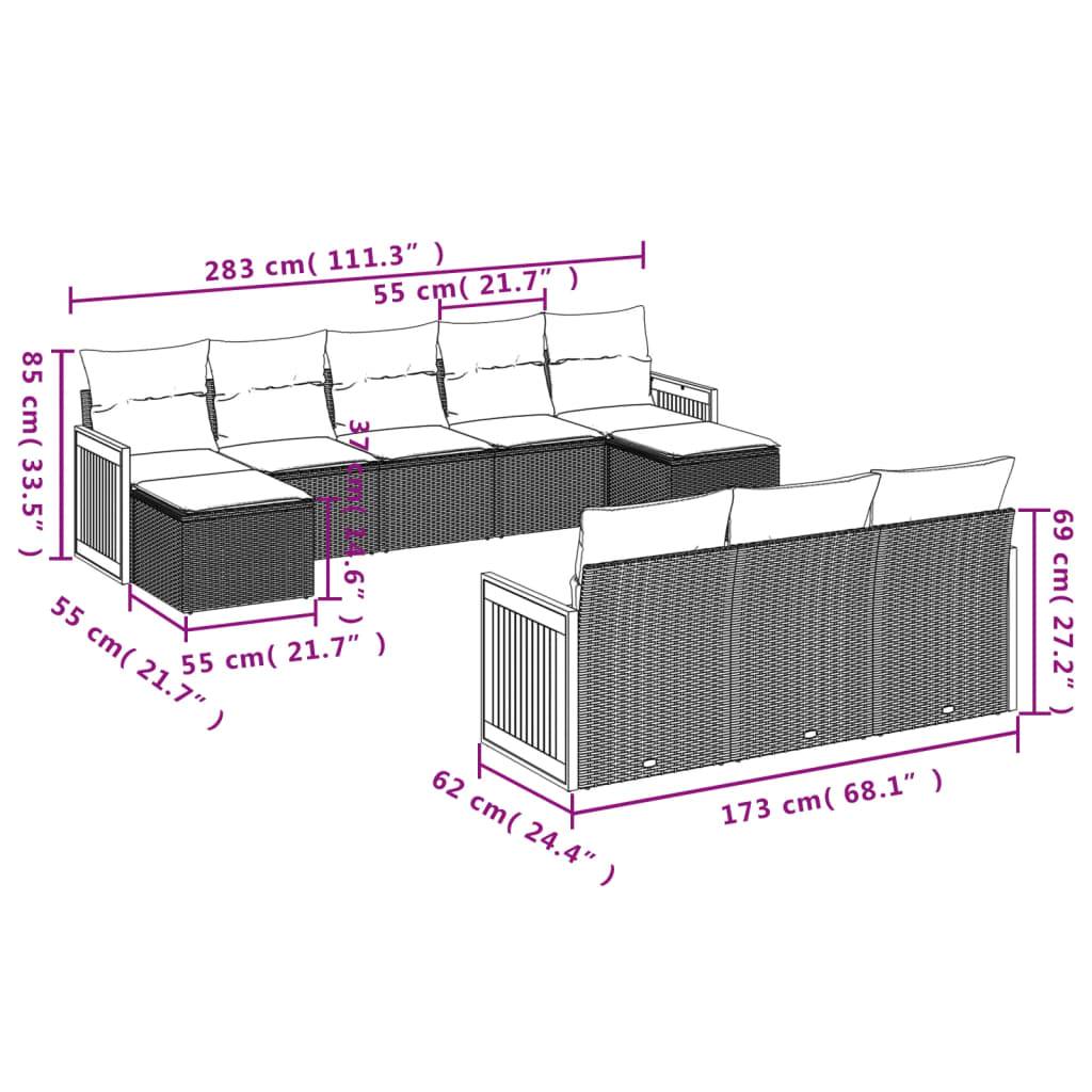 vidaXL 10-teiliges Gartensofa-Set mit Kissen, grau, Polyrattan