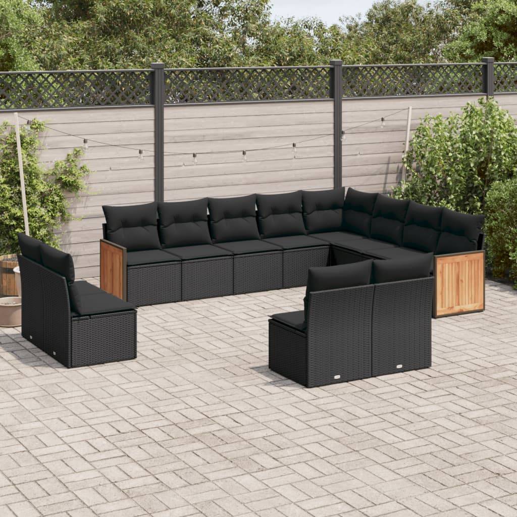 vidaXL 12-tlg. Garten-Sofagarnitur mit Kissen Schwarz Poly Rattan
