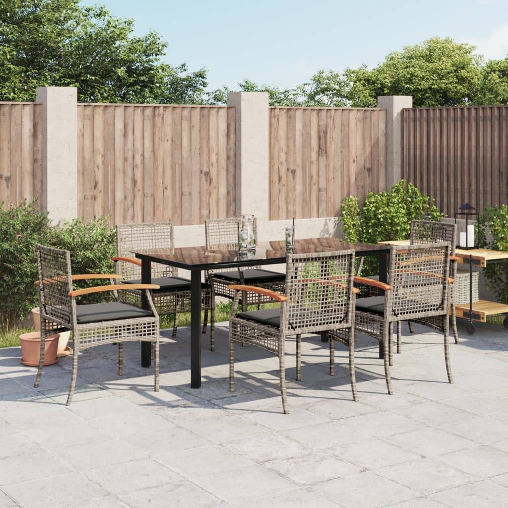 vidaXL 7-tlg. Garten-Essgruppe mit Kissen Grau Poly Rattan