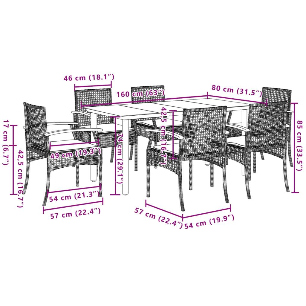 vidaXL 7-tlg. Garten-Essgruppe mit Kissen Grau Poly Rattan