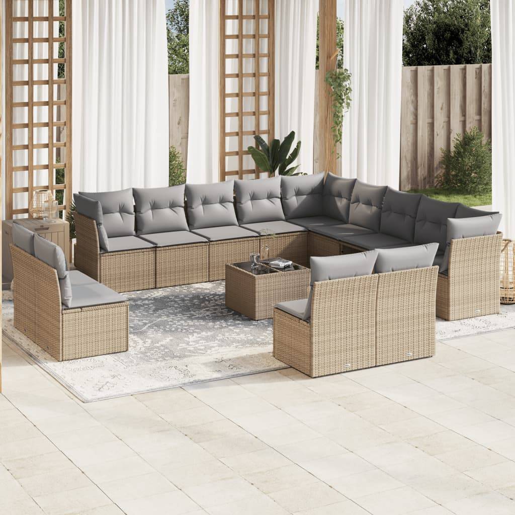 vidaXL 14-tlg. Garten-Sofagarnitur mit Kissen Beige Poly Rattan
