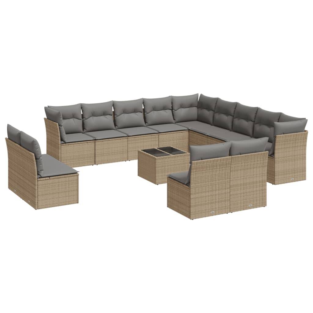 vidaXL 14-tlg. Garten-Sofagarnitur mit Kissen Beige Poly Rattan